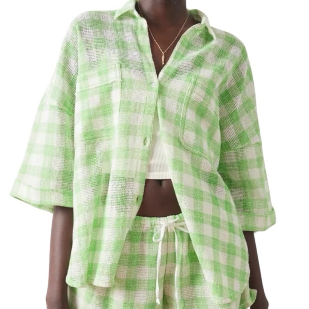 Urban Outfitter OUT FROM DOWN UNDER Green White Checkered Button Front Shirt XS